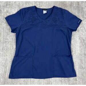 Cherokee Scrub Top Women L Navy Blue 2927 Embroidered Floral V-Neck Short Sleeve